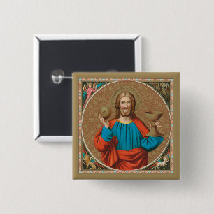 Jezus houdt de Eucharist vast (SNV 050) Vierkante Button 5,1 Cm