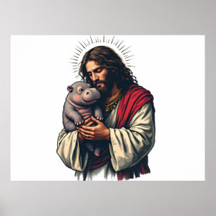 Jezus houdt een Baby Moo Deng Hippo vast Poster
