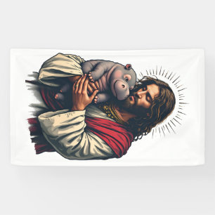 Jezus houdt een Baby Moo Deng Hippo vast Spandoek