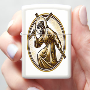 Jezus houdt gouden kruis eerbiedig