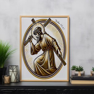 Jezus houdt gouden kruis eerbiedig poster