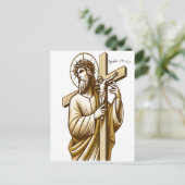 Jezus houdt gouden kruis in devotie briefkaart (Staand voorkant)