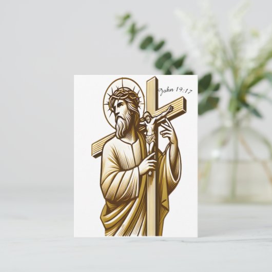 Jezus houdt gouden kruis in devotie briefkaart (Staand voorkant)