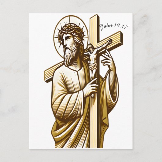 Jezus houdt gouden kruis in devotie briefkaart (Voorkant)