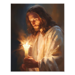 Jezus houdt kaarsfoto vast foto afdruk