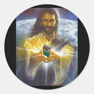 Jezus houdt sigaretten vast, grappige Jezus Ronde Sticker