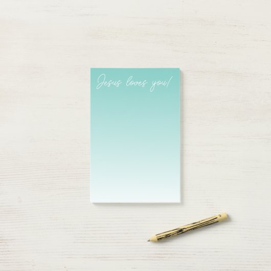 Jezus houdt van je! | blauwgroen groene ombre post-it® notes (Op bureau)