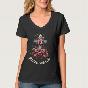 Jezus houdt van je Christelijke religie Bloemen C T-shirt