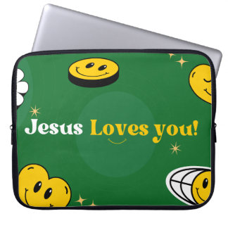 "Jezus houdt van je" Groene Smiley voor Christenen Laptop Sleeve