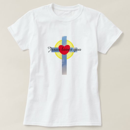 Jezus houdt van je troebele blauwe kruiszon t-shirt (Design voorkant)