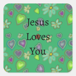 Jezus Houdt Van Jou Paarse Groene Harten Vierkante Sticker
