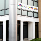 Jezus houdt van kleurrijke decoratieve tekst kunst spandoek (Buitenkant Gebouw)