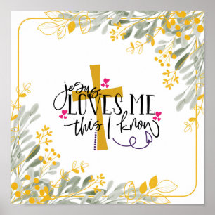 Jezus houdt van me, dit weet ik, kruis en bloemen poster
