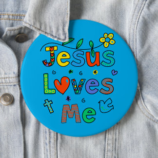 Jezus houdt van me in ijsblauw in jean jas aan de ronde button 6,0 cm