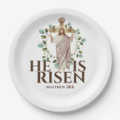 Jezus houten kruis Hij is paasvakantie Papieren Bordje (Voorkant)