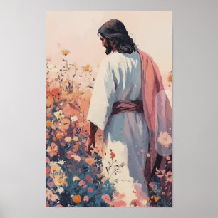 Jezus in een veld met wilde bloemen - Pastel chris Poster