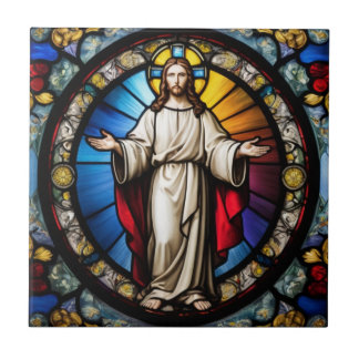 Jezus in gebrandschilderde glasstijl tegeltje