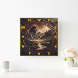 Jezus in het majestueuze berglandschap bij zonsond vierkante klok