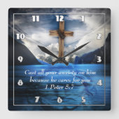 Jezus in het rimpelwater 1 Peter 5:7 Vierkante Klok (Voorkant)