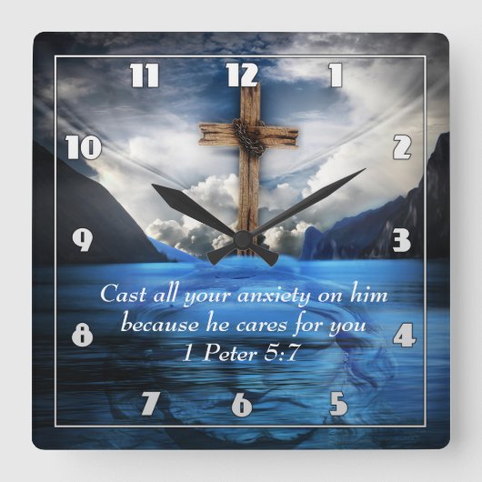 Jezus in het rimpelwater 1 Peter 5:7 Vierkante Klok (Voorkant)