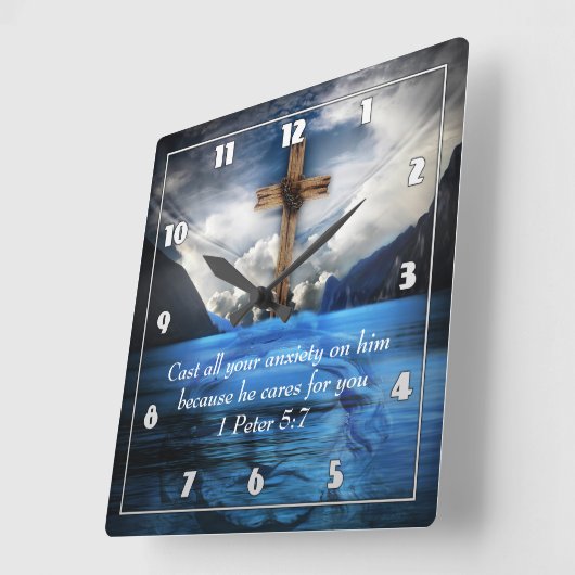 Jezus in het rimpelwater 1 Peter 5:7 Vierkante Klok (Hoek)