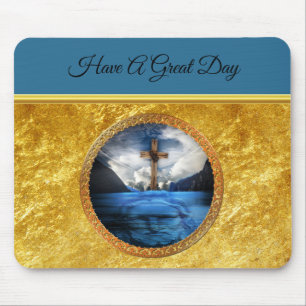 Jezus in het zee met een houten kruis en goudfolie muismat