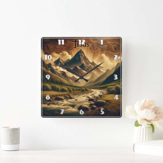 Jezus in majestueus berglandschap met rivier vierkante klok (Huis)