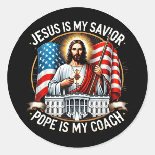 Jezus is mijn Verlosser Paus is mijn Coach Trump V Ronde Sticker