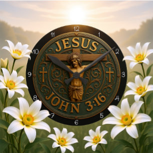 Jezus Johannes 3:16 Metalen Kruis Ronde Klok