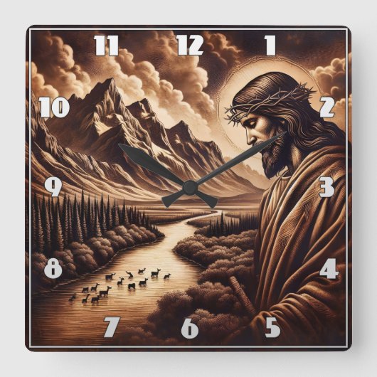 Jezus kijkt uit over een vredig rivierlandschap vierkante klok (Voorkant)