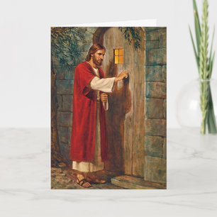 Jezus klopt op de deur met een vol vers kaart