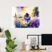 Jezus knuffelen een meisje in de bloementuin poster (Thuiskantoor)