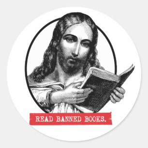 Jezus leest verboden boeken ronde sticker
