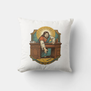 Jezus liet pen achter zware bureau onhandige humor kussen