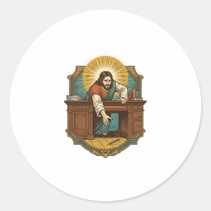 Jezus liet pen achter zware bureau onhandige humor ronde sticker