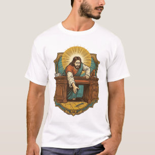 Jezus liet pen achter zware bureau onhandige humor t-shirt