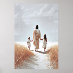 Jezus loopt met kind Jezus en kinderen Christus Poster
