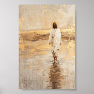 Jezus loopt op het water in witte kleren poster