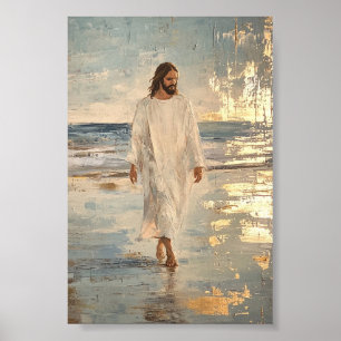 Jezus loopt op het water in witte kleren poster
