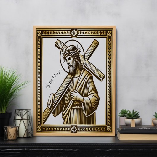 Jezus met het gouden kruis van verlossing poster