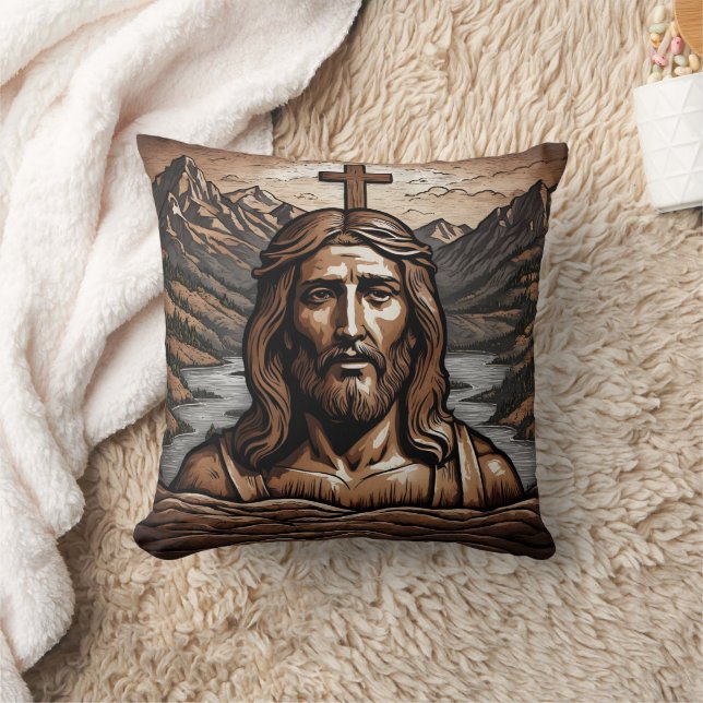 Jezus met kruis met uitzicht op berglandschap kussen (Deken)