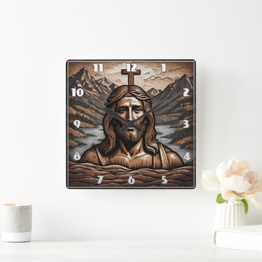 Jezus met kruis met uitzicht op berglandschap vierkante klok (Huis)