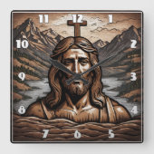Jezus met kruis met uitzicht op berglandschap vierkante klok (Voorkant)
