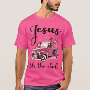 Jezus neemt het wiel luipaard bloem roze auto je t-shirt