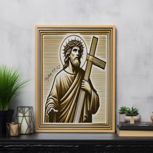 Jezus omarmt het gouden kruis met compassie poster