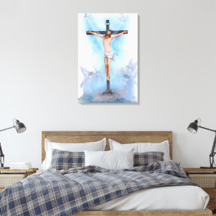 Jezus op kruis met vogels Verpakt Canvas Afdruk