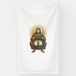 Jezus Past Oncomfortabele Broekzak Tijdens Squat G Spandoek