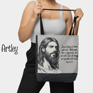 Jezus Portret Schets Bijbel Quote Zwart-wit Draagtas