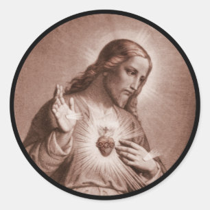 Jezus raakt zijn hart aan ronde sticker