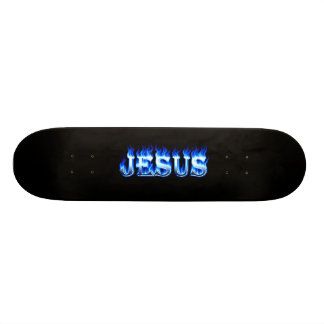Jezus skateboard blauw vuur en vlammenontwerp.